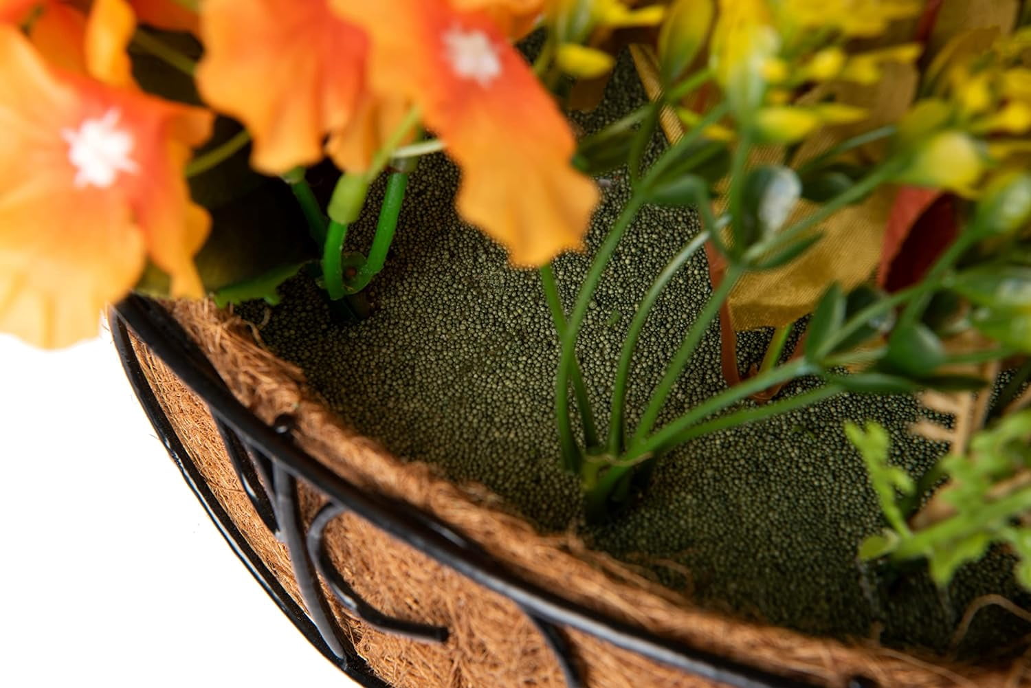 Artificial Faux Hanging Flowers Plants in Basket for Outdoor, Fully Assembled Fake Fall Orange Mix Silk Chrysanthemum Hydrangea Mums Arrangements Hanging Planter for Home Porch Patio Balcony Decor