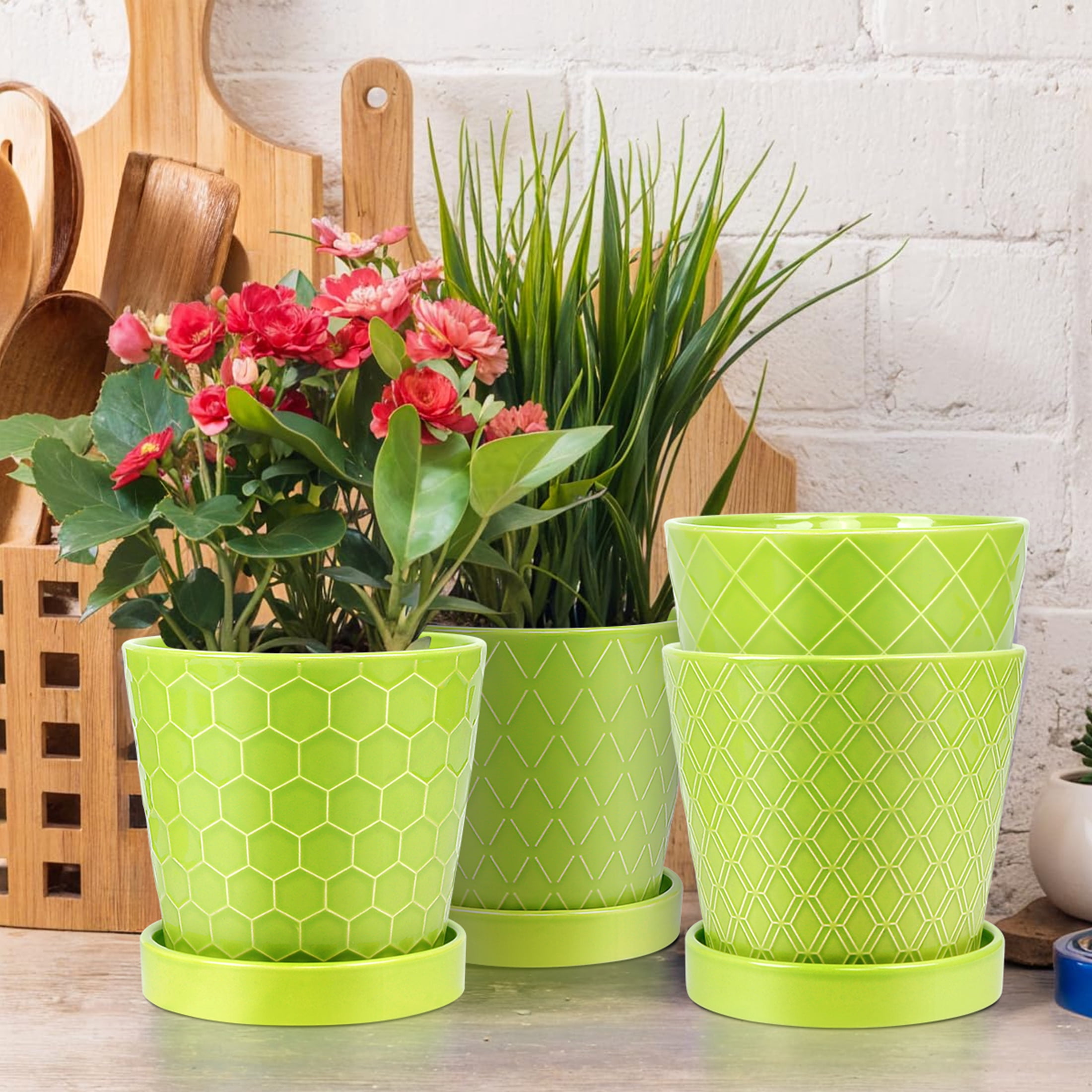 BUYMAX 5" Ceramic plant pots with drainage hole and tray, 4-Pack-4-patterns, gardening home desktop office windowsill decoration， green flower pots indoor