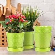 BUYMAX 5 Ceramic plant pots with drainage hole and tray, 4-Pack-4-patterns, gardening home desktop office windowsill decoration, green flower pots indoor