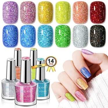 Saviland 12 Pcs Glitter, Sparkly and Shiny Gel Nail Polish Set with Base and Top Coat