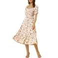 thumbnail image 2 of INSPIRE CHIC Women's Floral Sweetheart Neck Ruffles Short Sleeve Midi Smocked A-line Dress Beige L, 2 of 5