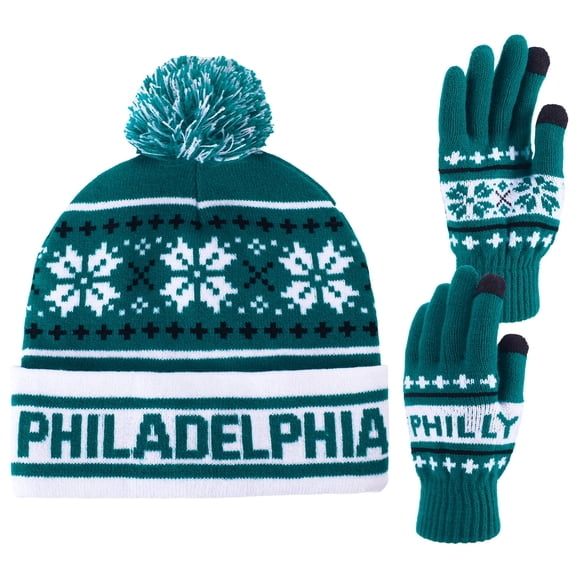 Bocaoying Vintage City Classic Stripes Cap Beanie Hat, Philadelphia Printed Cuffed Winter Hat Knit Comes with Warm Gloves Gifts for Men Women Fans