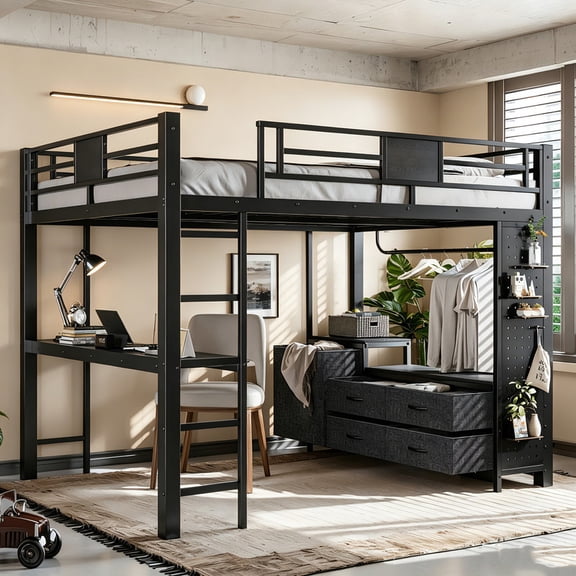 Bellemave Queen Size Loft Bed with Desk and Storage Pegboard, Shelves, 4 Fabric Storage Drawers and Laundry Hamper, Metal Loft Beds Frame with Clothes Hanging Rod for Teens Adults, Nosie-Free (Black)