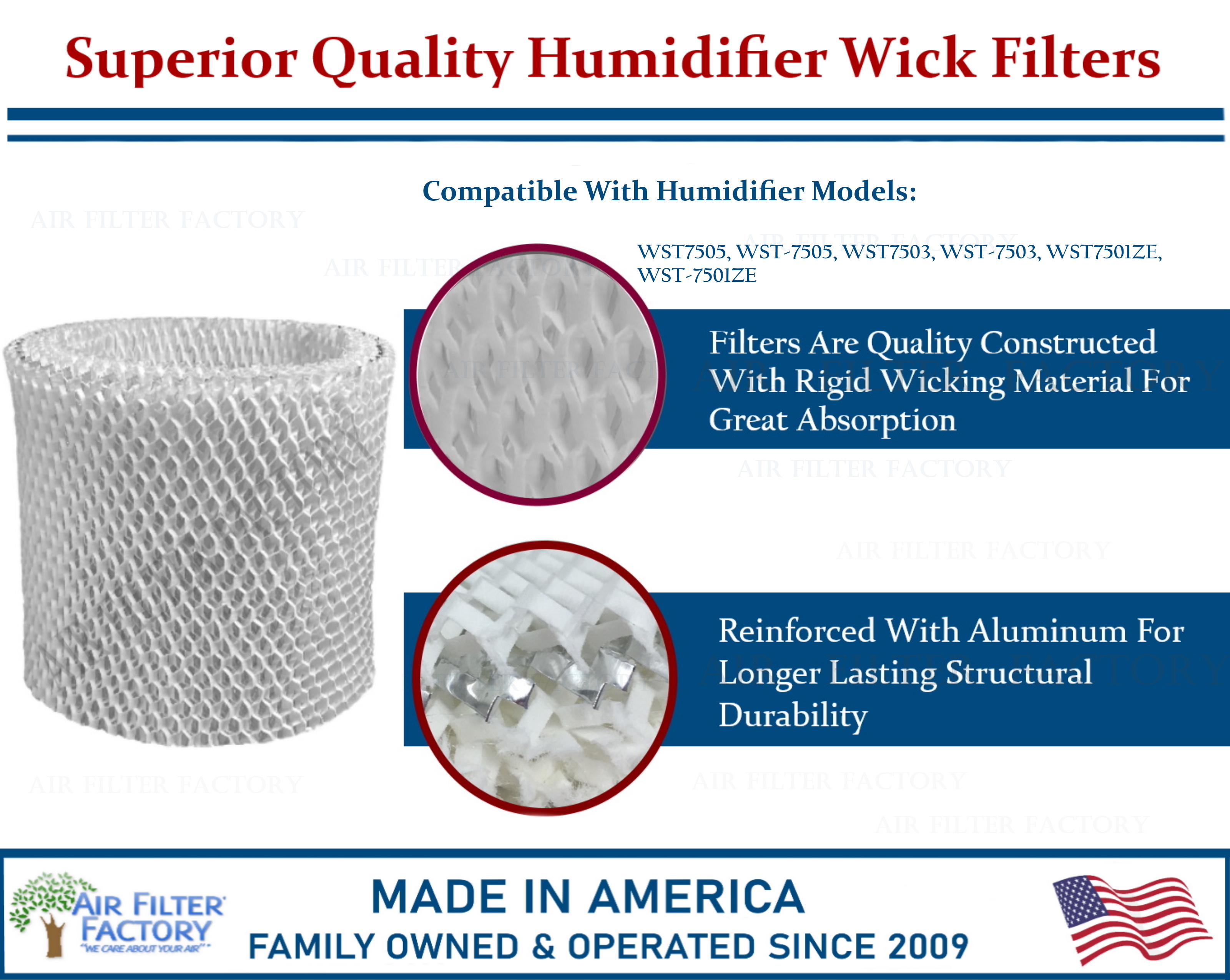 Air Filter Factory Replacement for WST7505, WST-7505, WST7503, WST-7503, WST7501ZE, WST-7501ZE White Westinghouse Humidifier Wick Filters 4 Pack (Sold without manufacturer warranty)