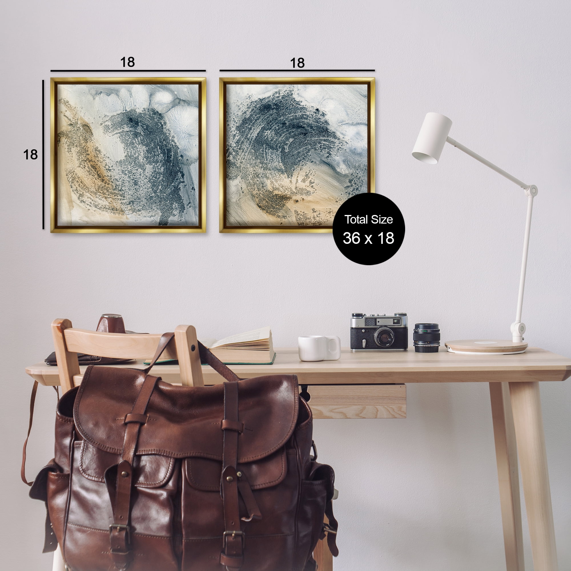 Stupell Industries Abstract Beige Blue Wave Abstract Painting Gold Floater Framed Canvas Art Print Wall Art, 18 x 18, Set of 2