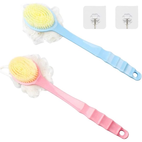 2 Pack Shower Body Brushes with Bristles and Loofah Bath Brush with Long Handle Back Scrubber for Shower for Men and Women Blue and Pink