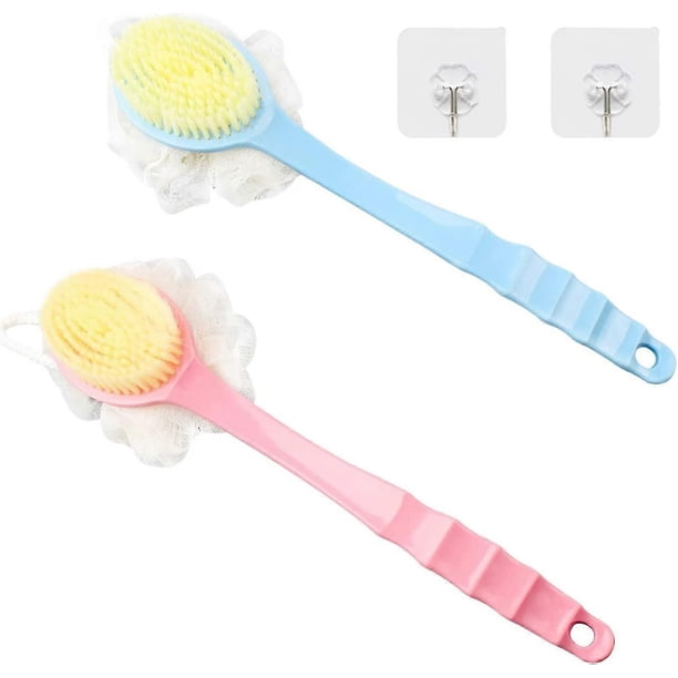 2 Pack Shower Body Brushes with Bristles and Loofah Bath Brush with Long Handle Back Scrubber for Shower for Men and Women Blue and Pink