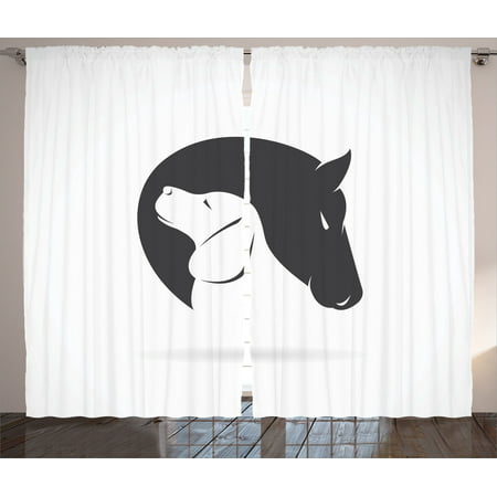Animal Decor Curtains 2 Panels Set, Contemporary Illustration Of A Dog And Horse Hugging Loyal Friend Icon Heads Artsy Print, Living Room Bedroom Accessories, By
