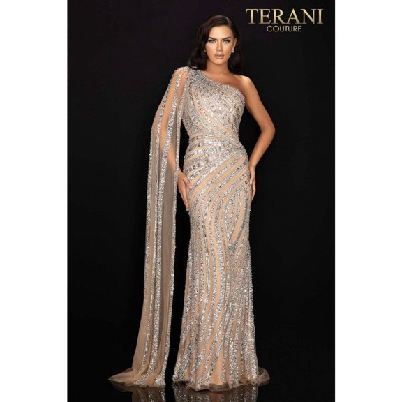 Terani Couture Asymmetrical Beaded One ShouldeChristmas - New Year Holiday Red Cape Pageant Gown 2012gl239018 Nude