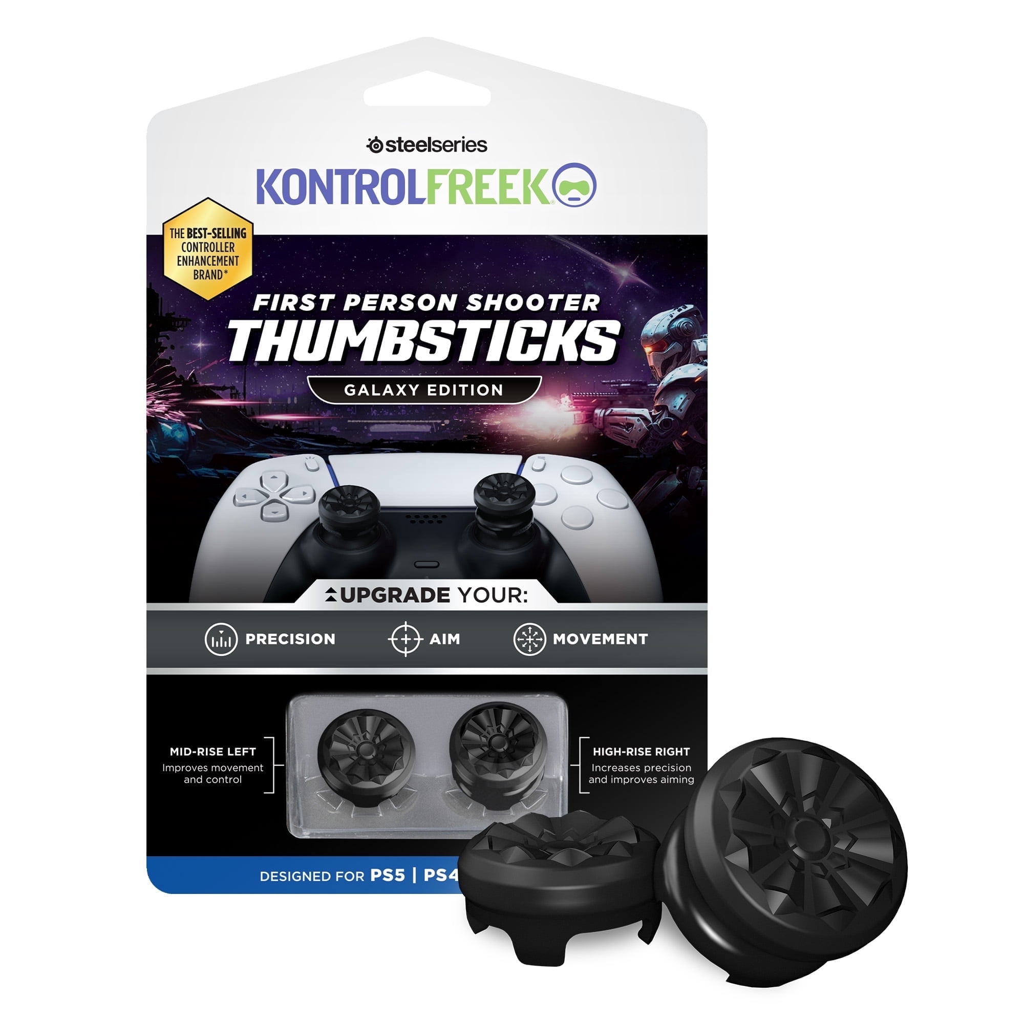 KontrolFreek FPS Galaxy Black for PlayStation Controller PS5 and PS4 - Performance Thumbsticks - 1 High-Rise and 1 Mid-Rise - Galaxy Black