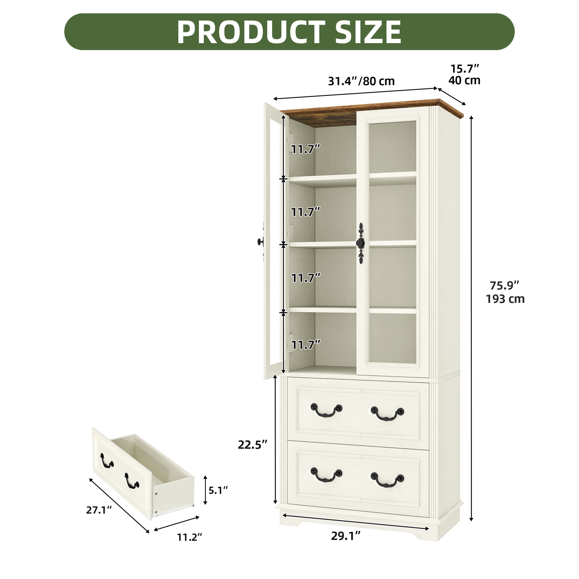 Uforic 76'' Kitchen Pantry Cabinet with 2 Drawers, Tall Storage Cabinet with Glass Doors & Adjustable Shelves, Beige