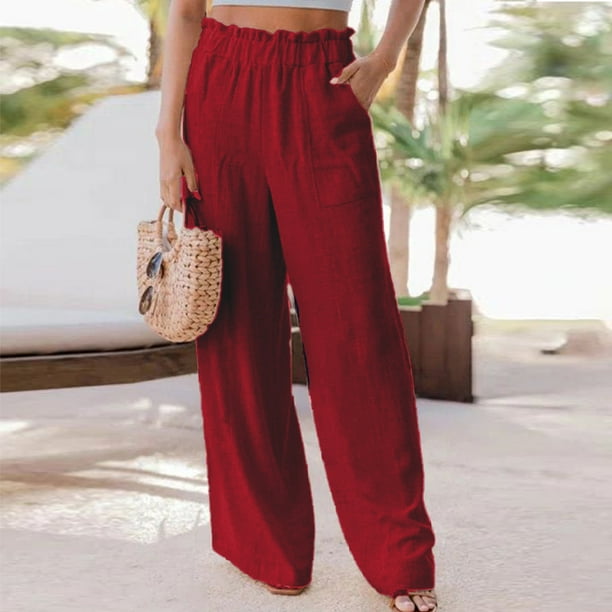 Long Pants For Women Women Casual Solid Pants Comfortable Elastic High  Waist Wide Leg Casual Loose Beach Pants Red L JE 