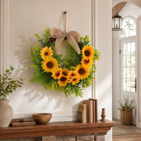 15.8 Inch Sunflower Wreath, Spring Wreath with Burlap Bow | Spring Wreath for Front Door, All Sesoans Yellow Decor with Greenery for Indoor Outdoor