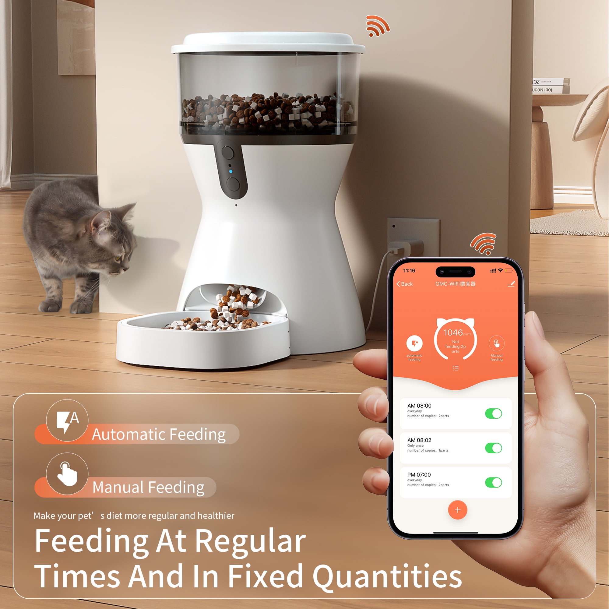 CATLK Automatic Cat Feeders, 4L Timed Cat Dry Food Dispenser, Dual Power Supply, Voice Recording, Anti-Clog Design, 2.4G Wi-Fi Programmable Cat Food Dispenser for Cats and Small Dogs