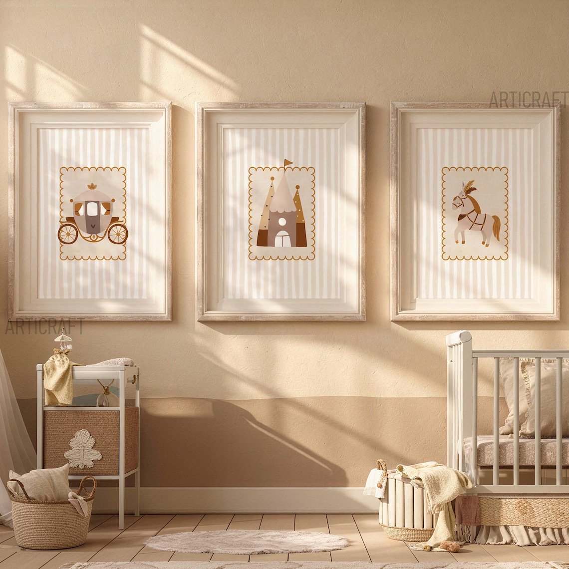 Neutral Retro Stripe Prints Set Of 3, Fairytale Nursery Wall Art