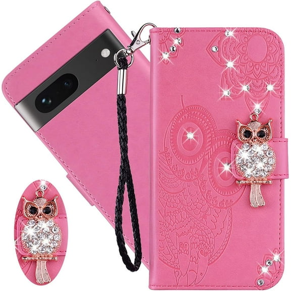 for Google Pixel 7 Case with Credit Card Holder, Glitter Bling Diamond PU Leather Wallet Phone Case Flip Folio Book Cover for Google Pixel 7 Owl Pink