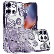 For Apple iPhone 16e Case, Luxury Flower Design Sparkle Glitter Diamond Rhinestone Shimmer Bling Plating Thick TPU Hard PC Phone Cover (Flower Purple)