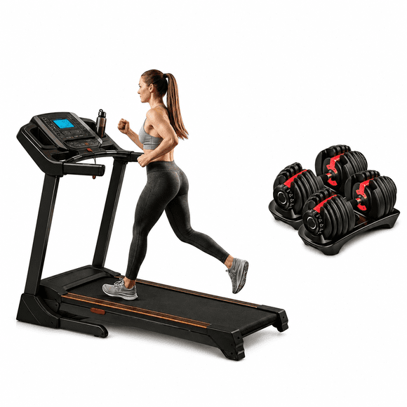 Caminadora Pro Electrica 3.5 HP, Bluelander, Velocidad 1-18 Km/H, Niveles de Inclinación 0-15º, Incluye un Par de Mancuernas Ajustables de 5 a 52.5 Libras (2 a 24 Kg)