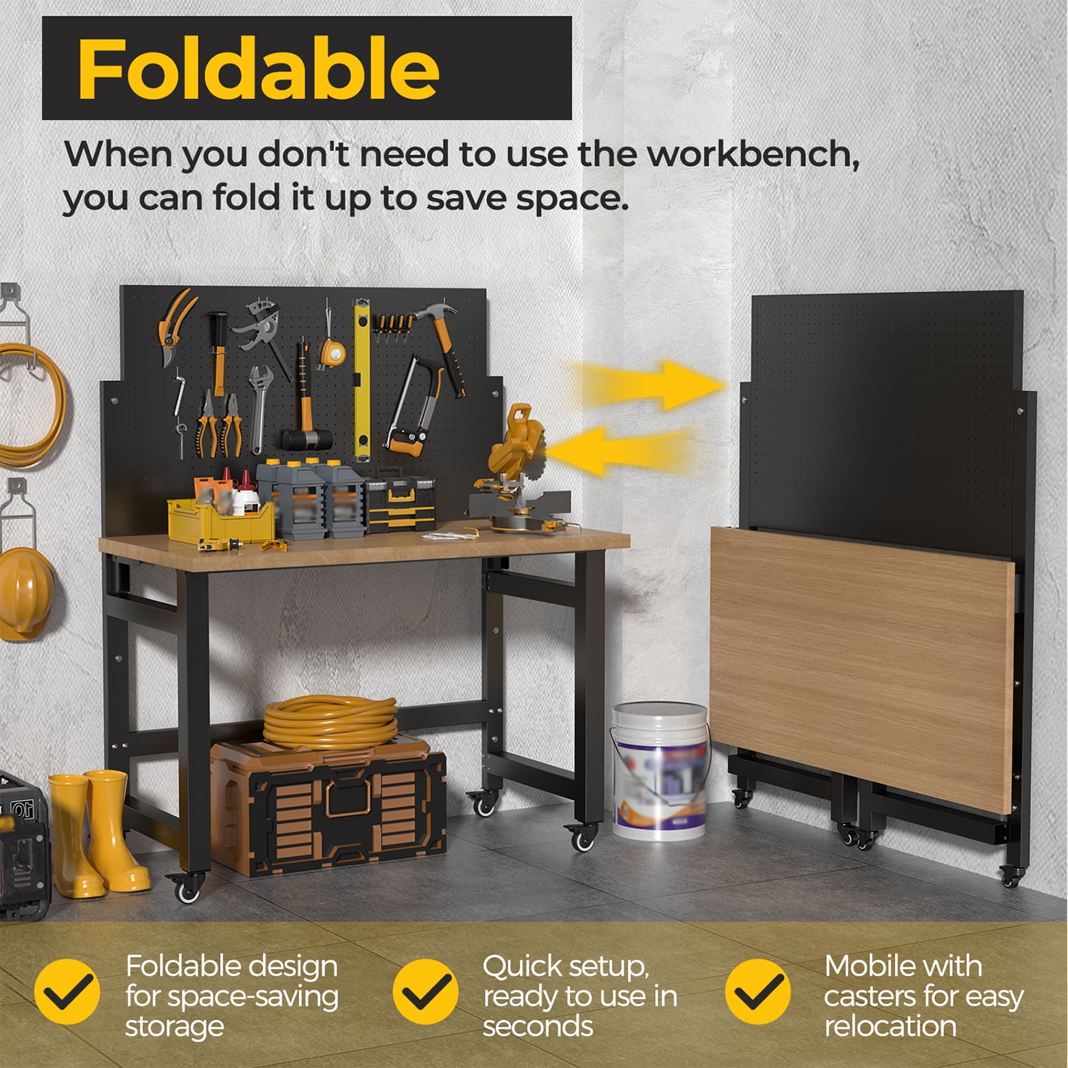 Mobile Work Bench with Pegboard, Heavy Duty Folding Work Table with Wheels, Space Saving Wood Top Tool Storage Rolling Desk for Garage, Workshop, Home Studio 59"H x 47.2"W x 23.6"D