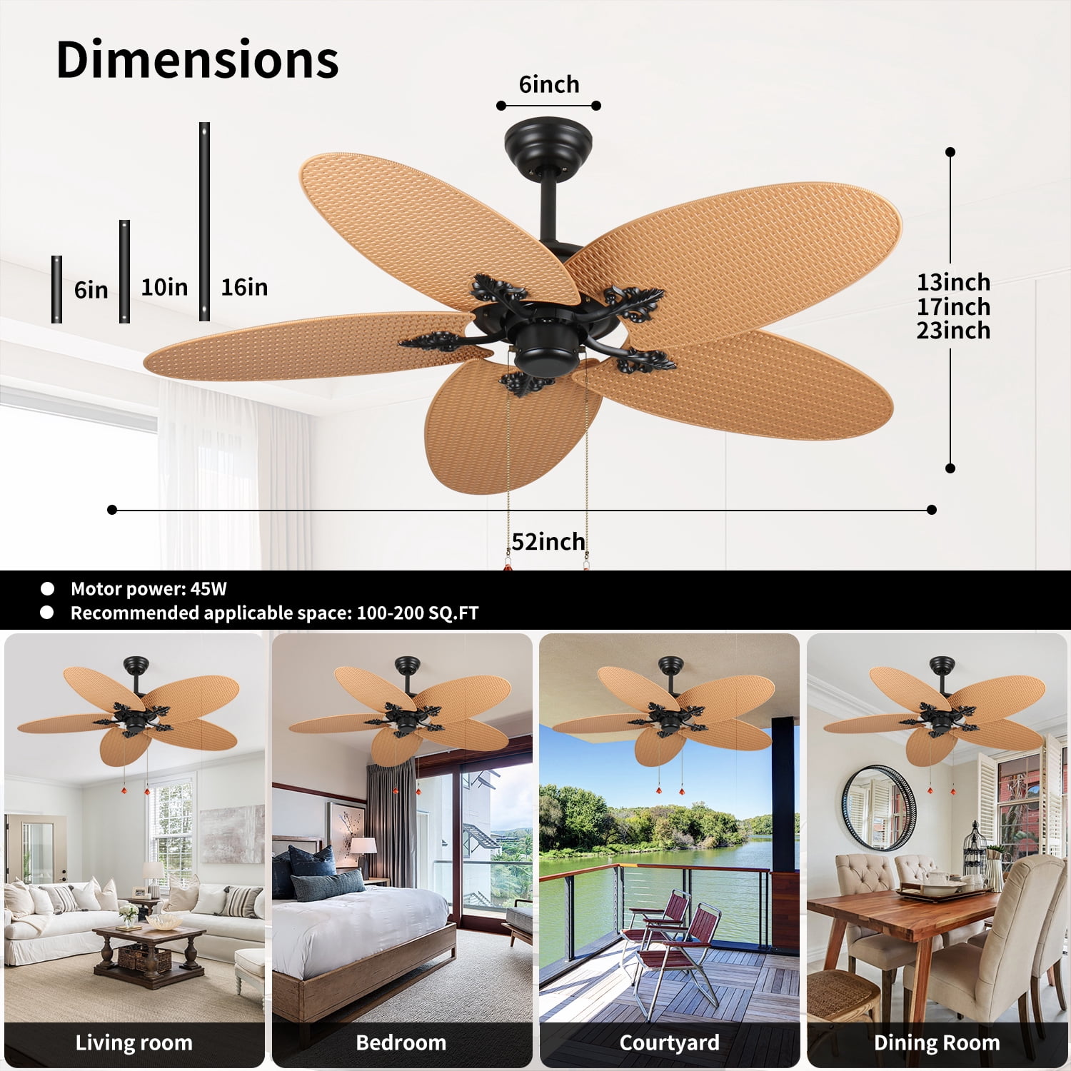 52 Inch Tropical Ceiling Fan with 5 Palm Leaf Blades, Indoor Outdoor No Light Fan, Pull Chain Control, Dual Mounting Options, Ideal for Patios and Bedrooms