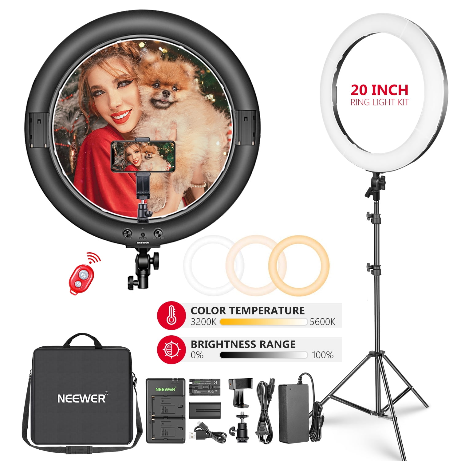 Schrikken Integreren Discreet Neewer 20-inch LED Ring Light Kit: (1)44W Dimmable Bi-color Circle Light  (1)2M Pro Light Stand(1)Ball Head(1)Phone Holder(2)Li-ion Battery(1)USB  Charger for Portrait Photography Video Make-up Selfie - Walmart.com