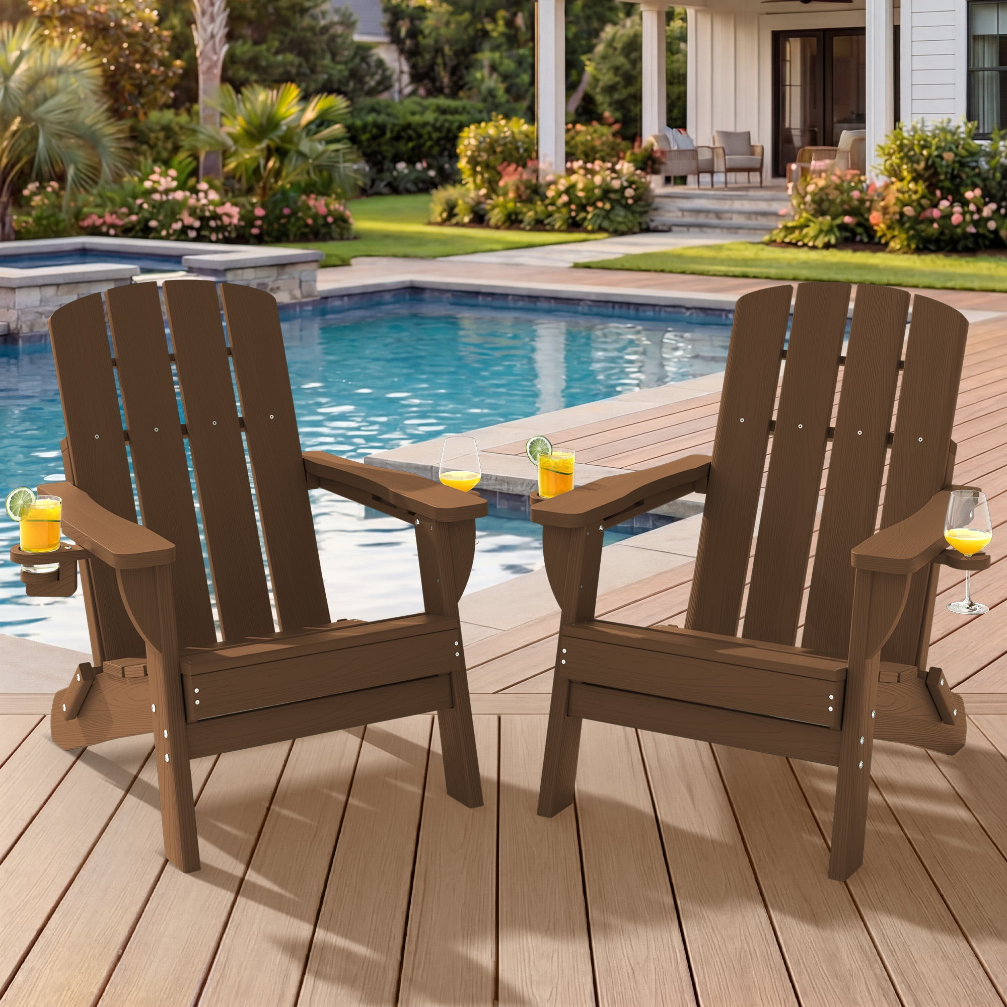 Adirondack Chair Set of 2, Outdoor Folding All-Weather HDPE Adirondack Chairs with 2 Cup Holders for Patio, Brown