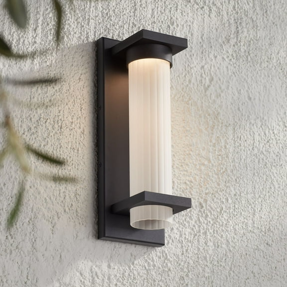 Possini Euro Design Kathleen 14" High Modern Outdoor Wall Light Fixture Mount Porch House LED Bulb Sand Black Metal Glass Shade