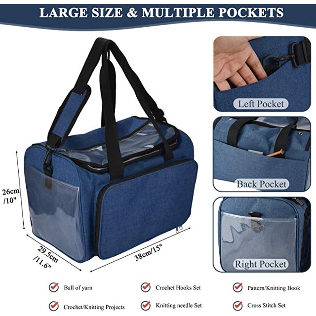 Bolsa de tejer, bolsa de almacenamiento de hilo de tejer de gran capacidad, bolsa para hilo de ganchillo, agujas de tejer y otros accesorios - Bolsa azul para almacenamiento de hilo LingWen 9024715194954
