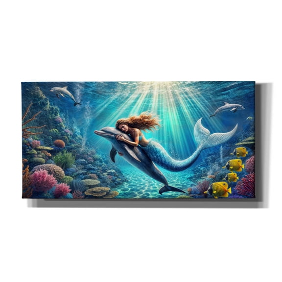 Epic Graffiti 'Mermaid And Dolphin Underwater' by Rey Klimt Canvas Wall Art, 24" x 12"