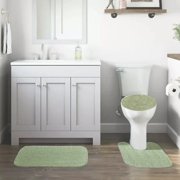 GHL Chenille 3 Piece Bath Rug Set with Contour Mat & Toilet Lid Cover, Rubber Backing