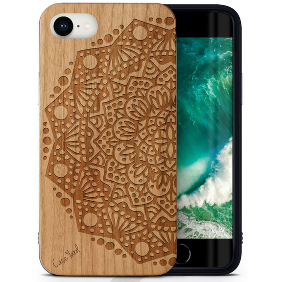 Case Yard Wooden Case Outside Soft TPU Silicone, Slim Fit Shockproof Wood Protective Phone Cover for Girls Boys Men and Women, Supports Wireless Charging Half Mandala Design case for iPhone-SE