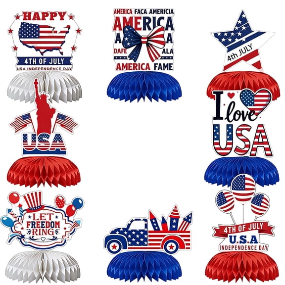 Win s Way 9Pcs 250 Anniversary USA Honeycomb Centerpiece, 4th of July Table Decorations 3D Double Sided Patriotic Centerpieces for Tables, Independence Day Veterans Day Party Supplies