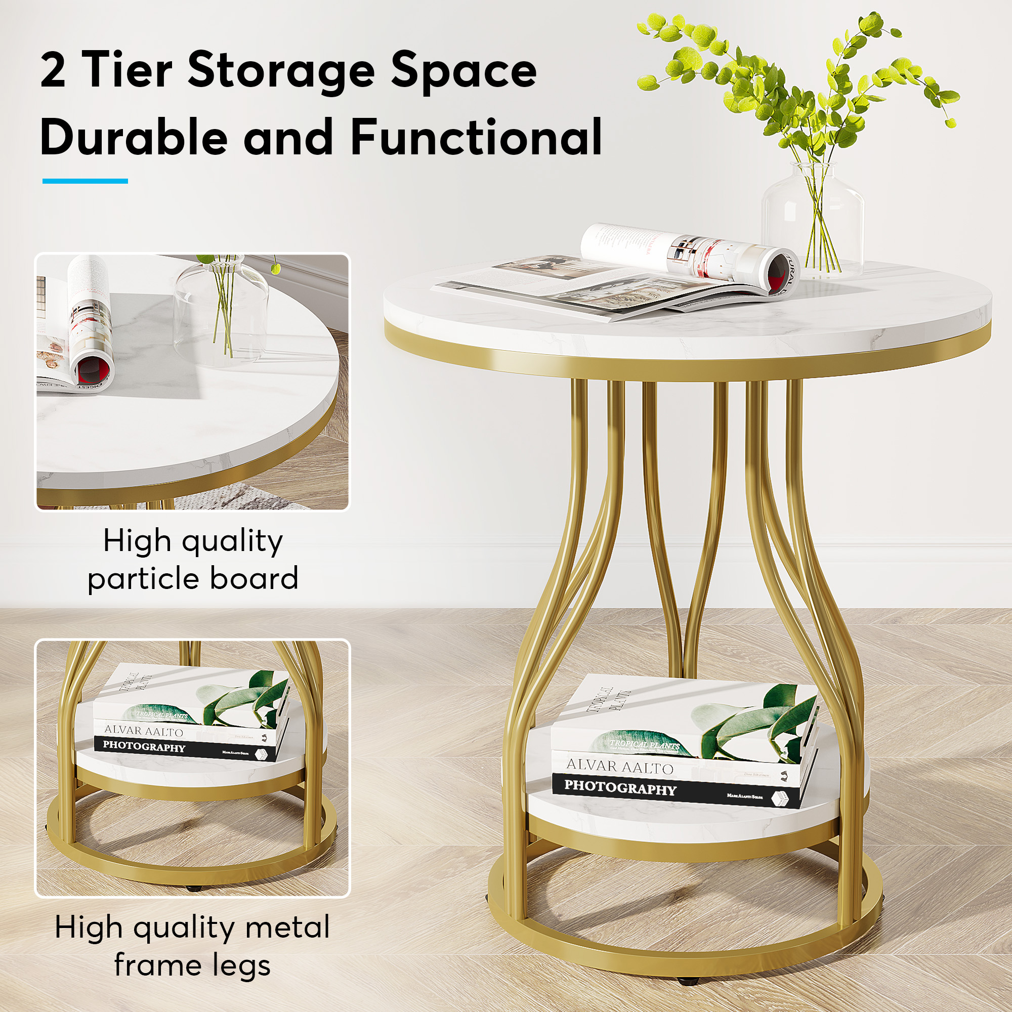 Tribesigns 2-Tier Round Side Table, Industrial End Table Bedside Table with Metal Frame & Open Shelf for Couch Side, Living Room (1PC, White & Gold)