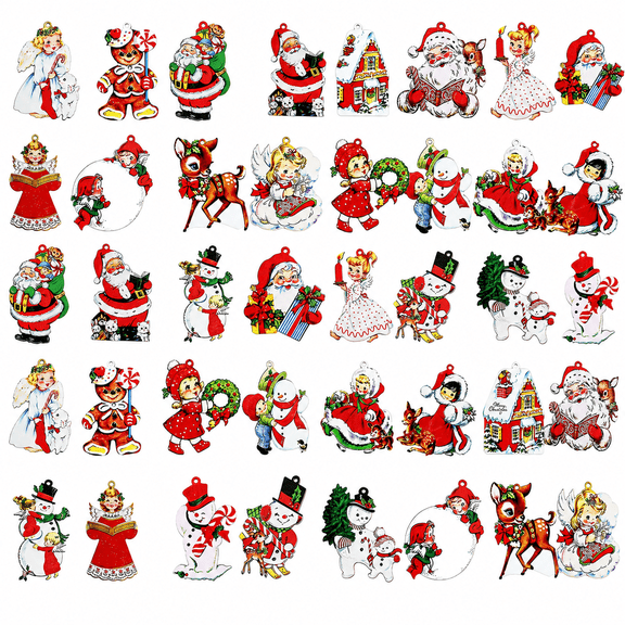 40 Pcs Wooden Christmas Tree Hanging Decor, Vintage Wood Carved Ornaments for Tree Xmas Santa Claus Bell Candy Cane Wood Cutout Hanging Tag Sign Winter Party Holiday