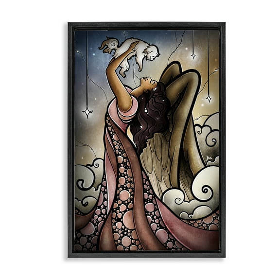 Stupell Industries Angel with New Puppy Fantasy & Sci-Fi Painting Black Floater Framed Canvas Art Print Wall Art, 17 x 25