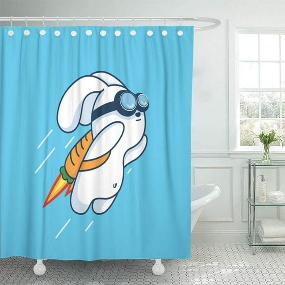 SUTTOM Flying Jetpack Rocket Rabbit Launching in Sky Flat and Bright Shower Curtain 66x72 inch