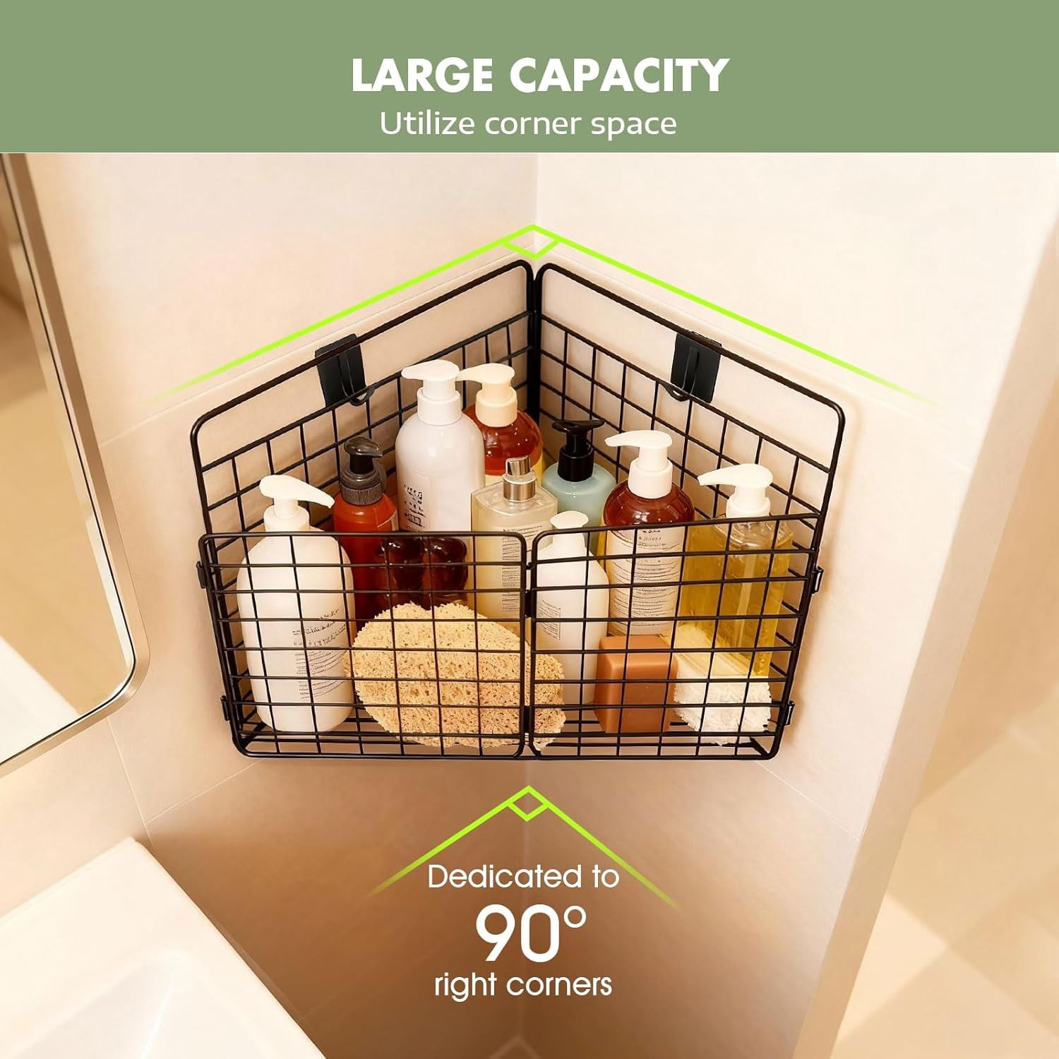 Corner Bath Toy Storage Organizer, Large Rustproof Metal Wire Basket, Foldable Wall Mounted Hanging Bathtub Holder with Drainage, No Drilling Adhesive Shower Caddy for Bathroom Tub