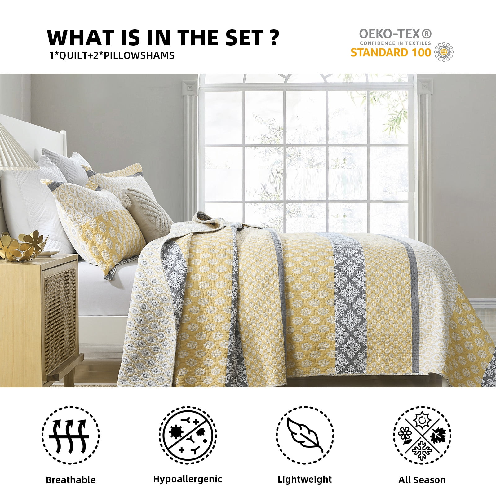 PANGUSHAN 100% Cotton Yellow Quilt King Size, King Quilt Bedding Set Quilted Bedspreads, Lightweight Reversible Floral Comforter for King Bed, All Season, Yellow/Gray, 3 Pieces