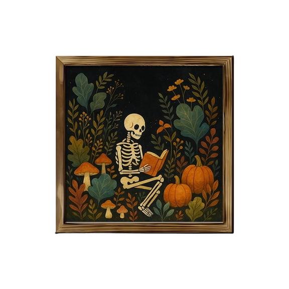 Framed Wall Art Vintage Skeleton Autumn Illustration Gold Framed Wall Art Halloween Home Decor Spooky Fall Decor for Living Room Bedroom Entryway