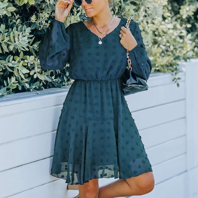 Vestido De Manga Larga Para Mujer, Vestido De Manga Larga Con Cuello En V De Tul Y Puños Elásticos Estilo Línea Con Estampado De Lunares Para Club Para Vacaciones ANGGREK Otros