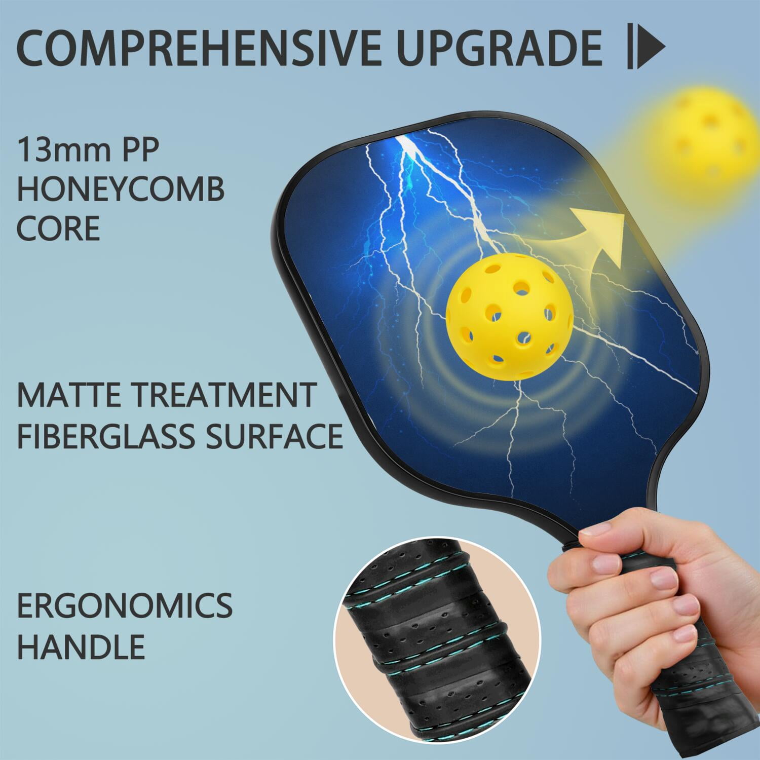 Pickleball Paddles Set Of 1, Fiberglass Surface, Speed, Lightning, Thunder Print, 1 Paddle, 2 Balls & Bag