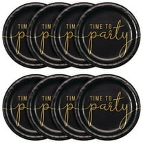 9" Way To Celebrate Black and Gold Time to Party Disposable Paper Plates, 8 Count