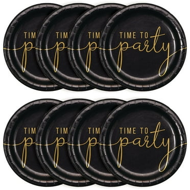 9" Way To Celebrate Black and Gold Time to Party Disposable Paper Plates, 8 Count