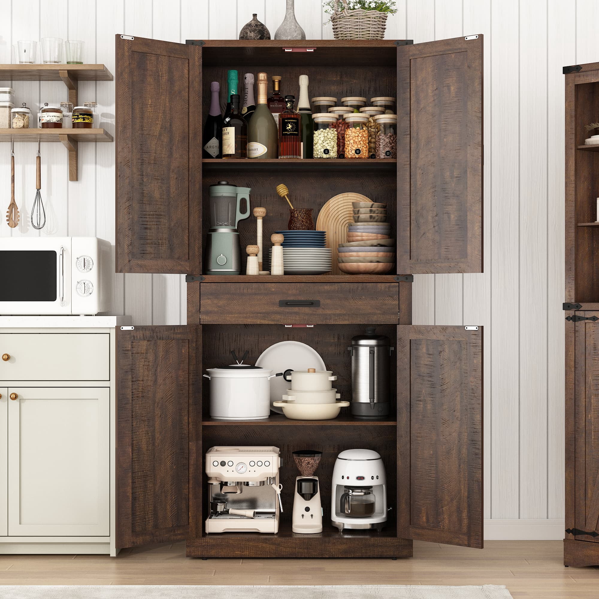 72" Tall Farmhouse Kitchen Pantry Cabinet w/1 Drawer & 4 Roomy Storage Shelves, Versatile Wood Storage Cabinet with 4 Barn Door & Adjustable Shelves & for Dining Room Bathroom Utility Room