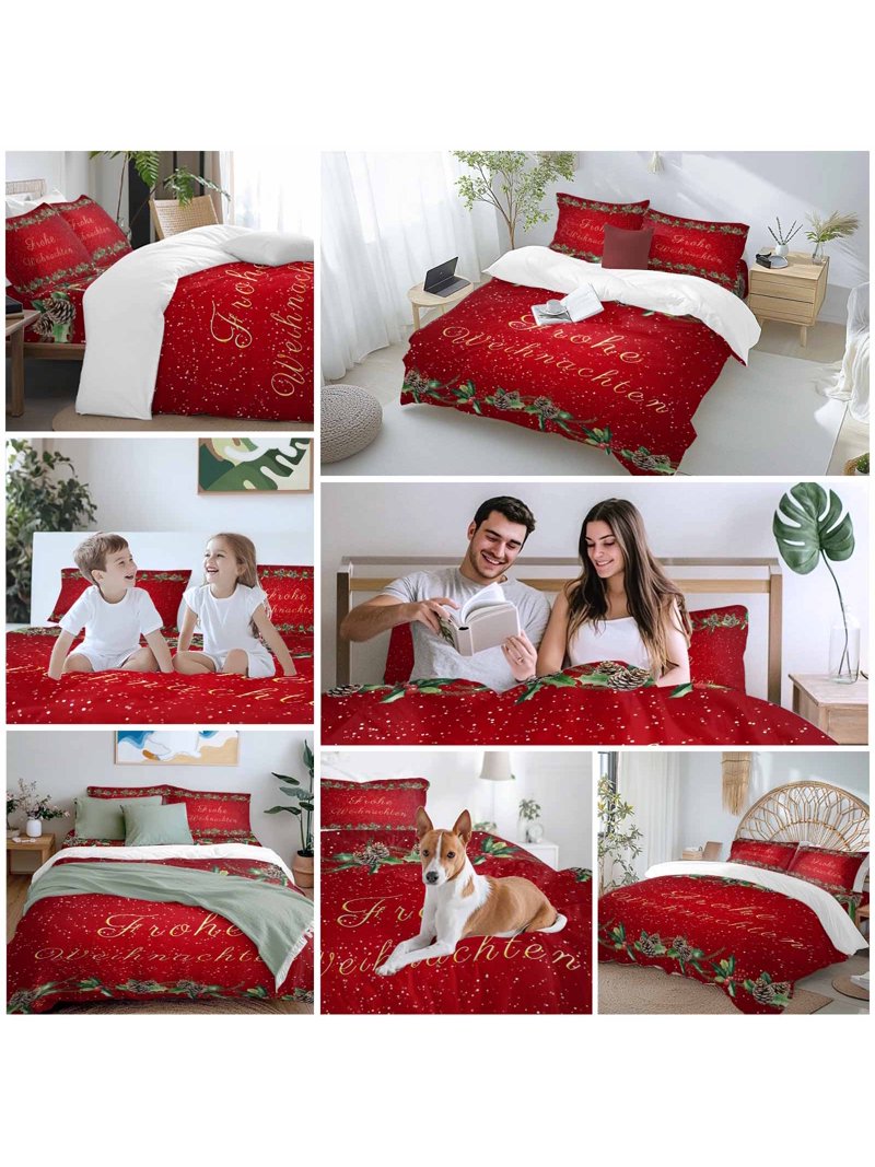 German Christmas Bedding Duvet Cover Set Full Size 4 Pieces Pine Berries Holly Red Frohe Weihnachten Bedding Set with Zipper Closure, 1 Comforter