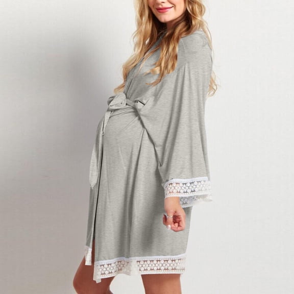 BRGZLK Maternity Nursing Robe Summer Soft Comfortable Long Sleeve Loose V Neck Lace Trim Nightgown with Adjustable Waistband for Breastfeeding Gray M