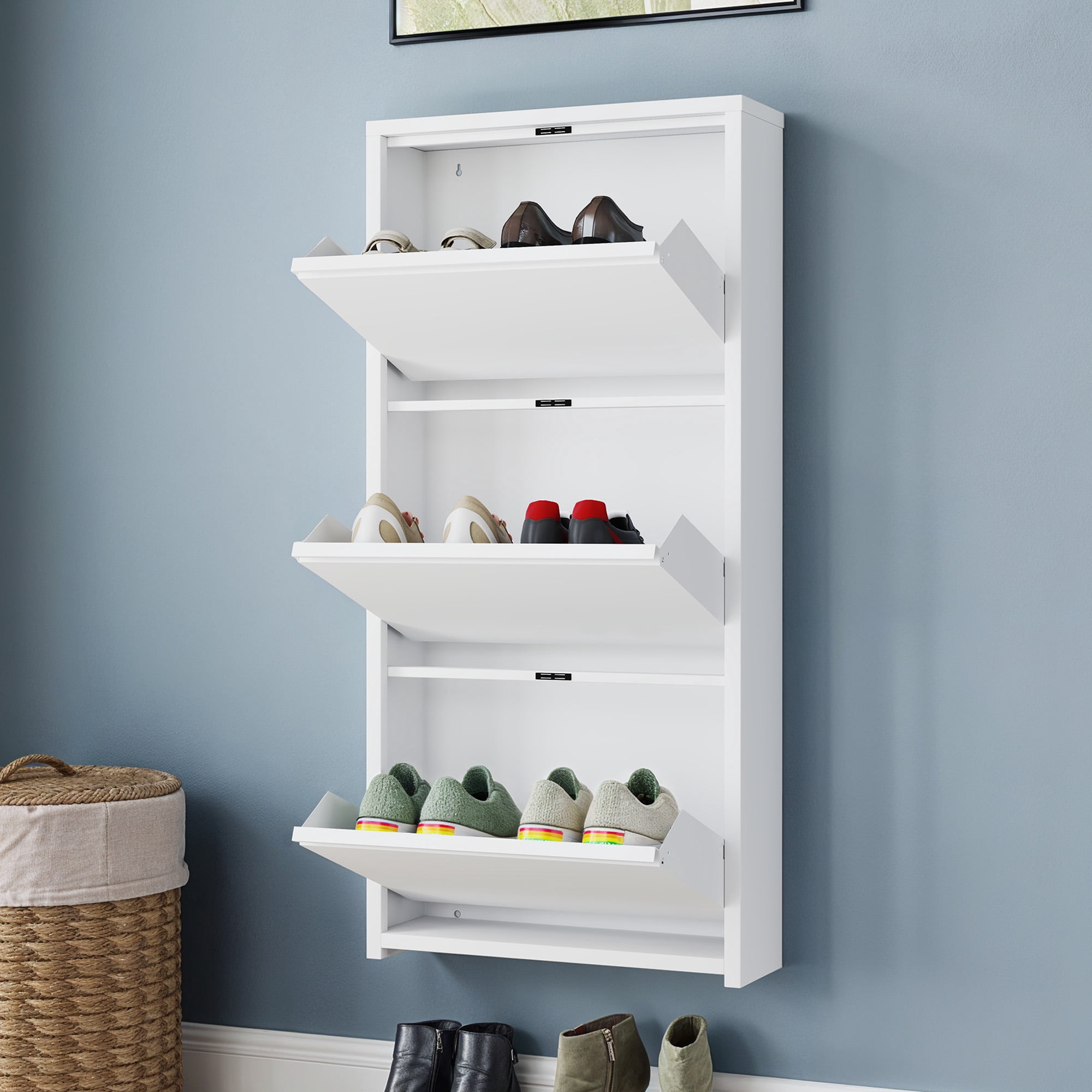 Uforic Wall Mounted & No-Assembly Steel Shoe Storage Cabinet with 3 Flip Magnetic Gooseneck Drawer for Entryway, Hallway, White