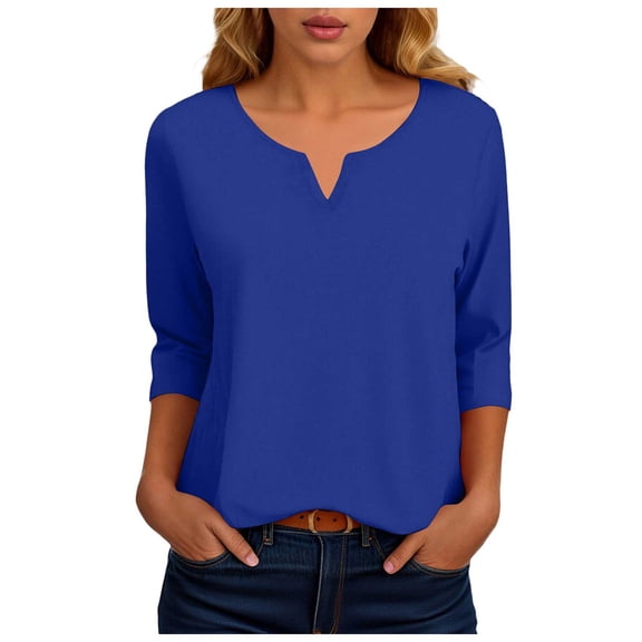 felwors 3/4 Length Sleeve Womens Tops Dressy Casual V-Neck Puff Sleeve Blouses Business Work Tunic Shirt S-XXL (Dark Blue, XL)