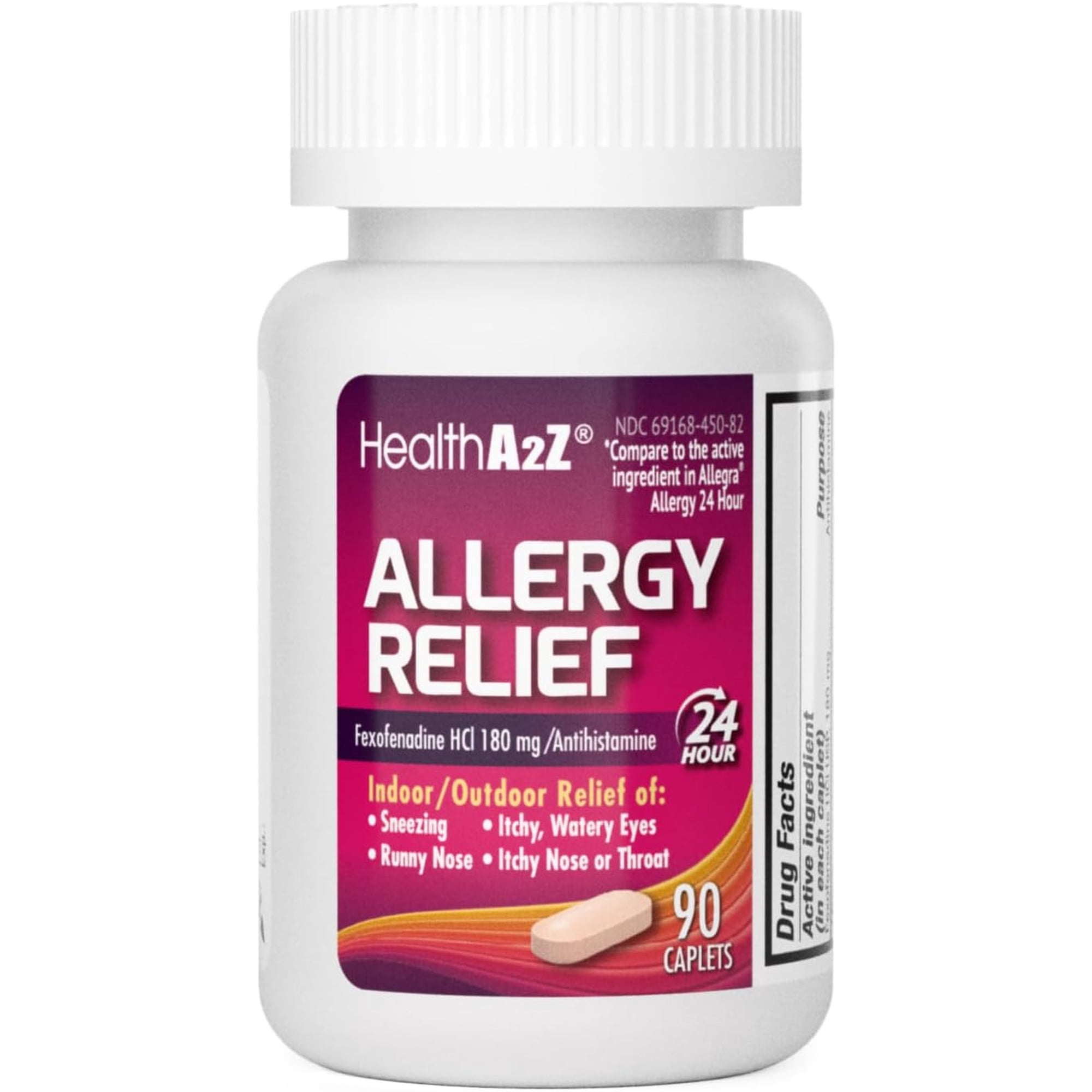 HealthA2Z Fexofenadine 180mg Caplets - 24 Hour Non-Drowsy Allergy Relief - 90 Count