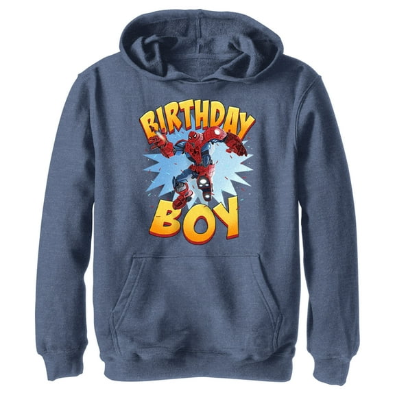 Boy's Marvel Mech Suit Spider-Man Birthday  Pull Over Hoodie Navy Blue Heather Small